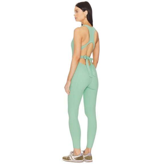 New Gigi C Krizia Sage Green Micro Rib Cutout Tied Jumpsuit Catsuit L - Picture 1 of 6